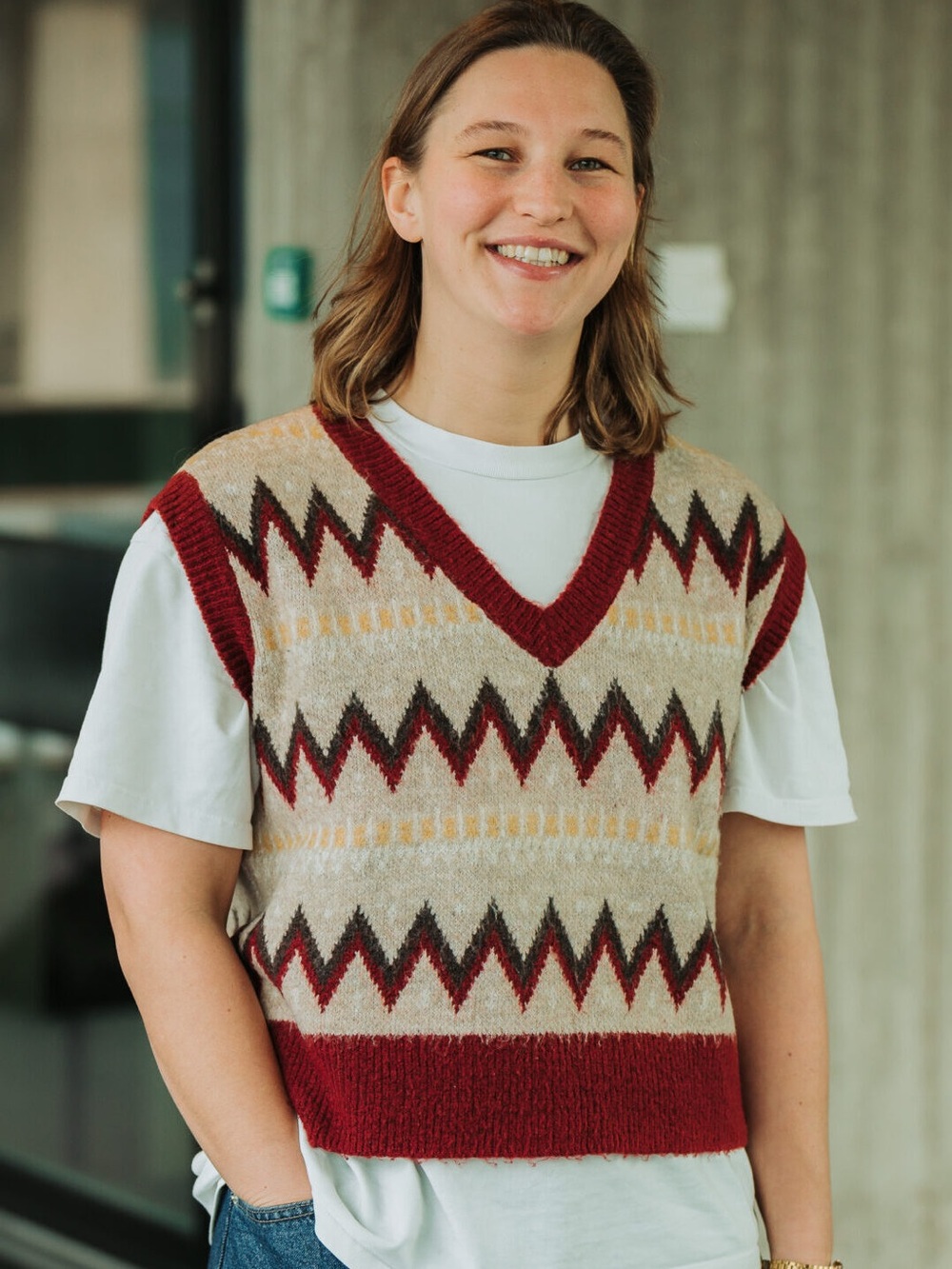 Cider Beige and Burgundy Zigzag V-Neck Sweater Vest